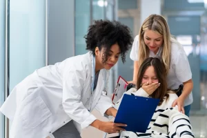 women doctors giving results